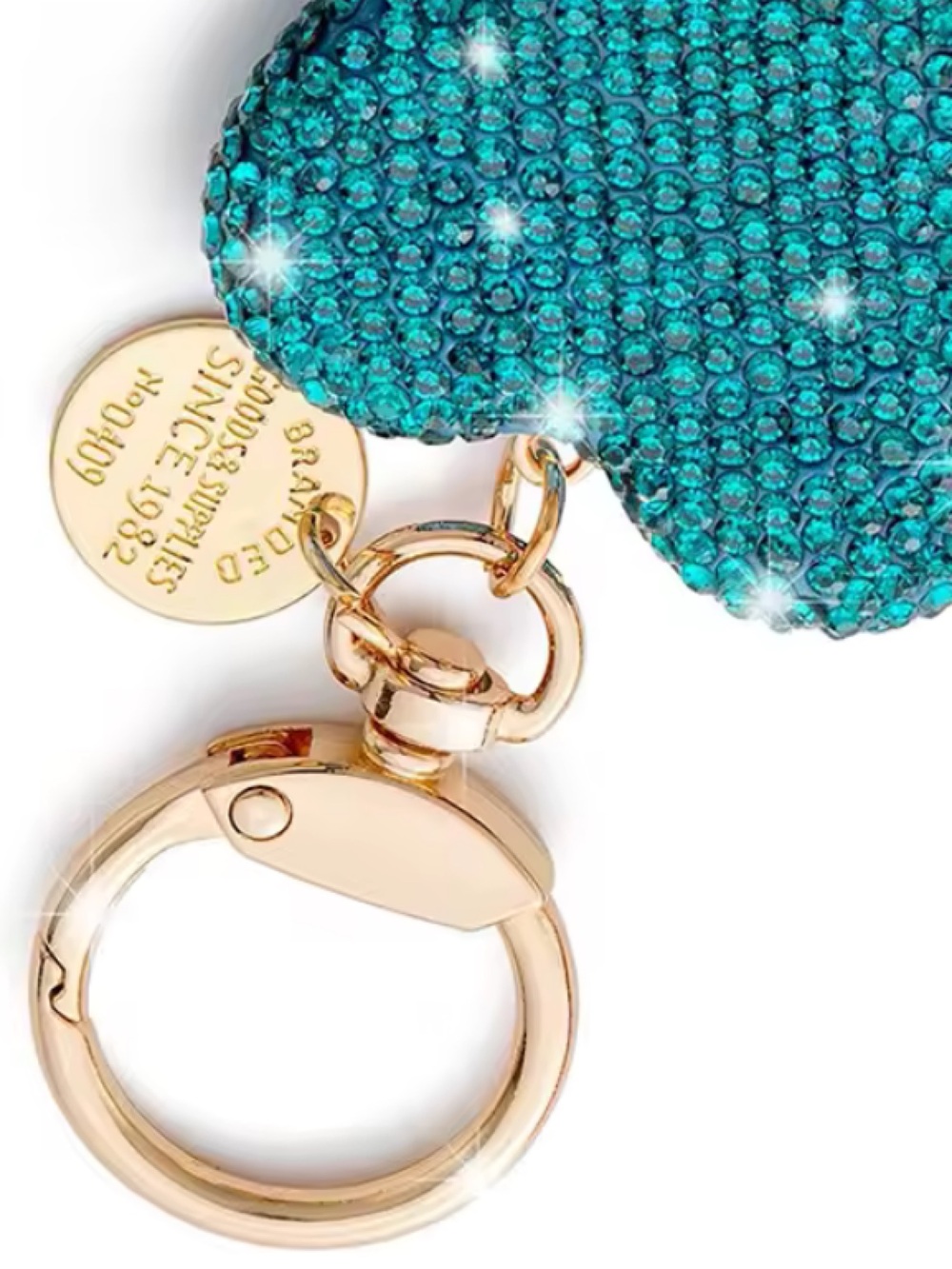 Gold-Tone Keyring with Teal Crystal Heart Charm - Picture 3 of 4